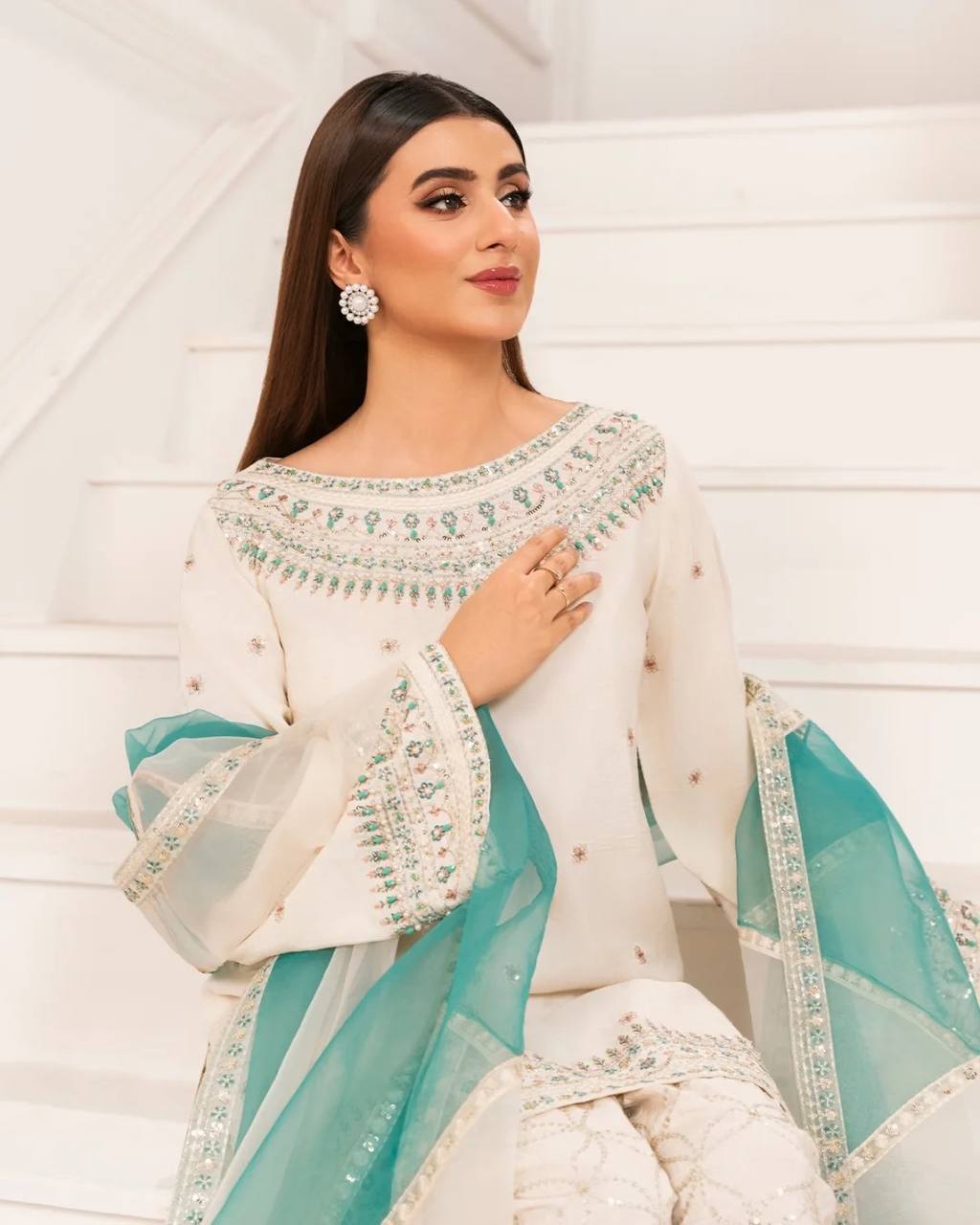 Naira Ivory Mint Embroidered Farshi Palazzo Suit