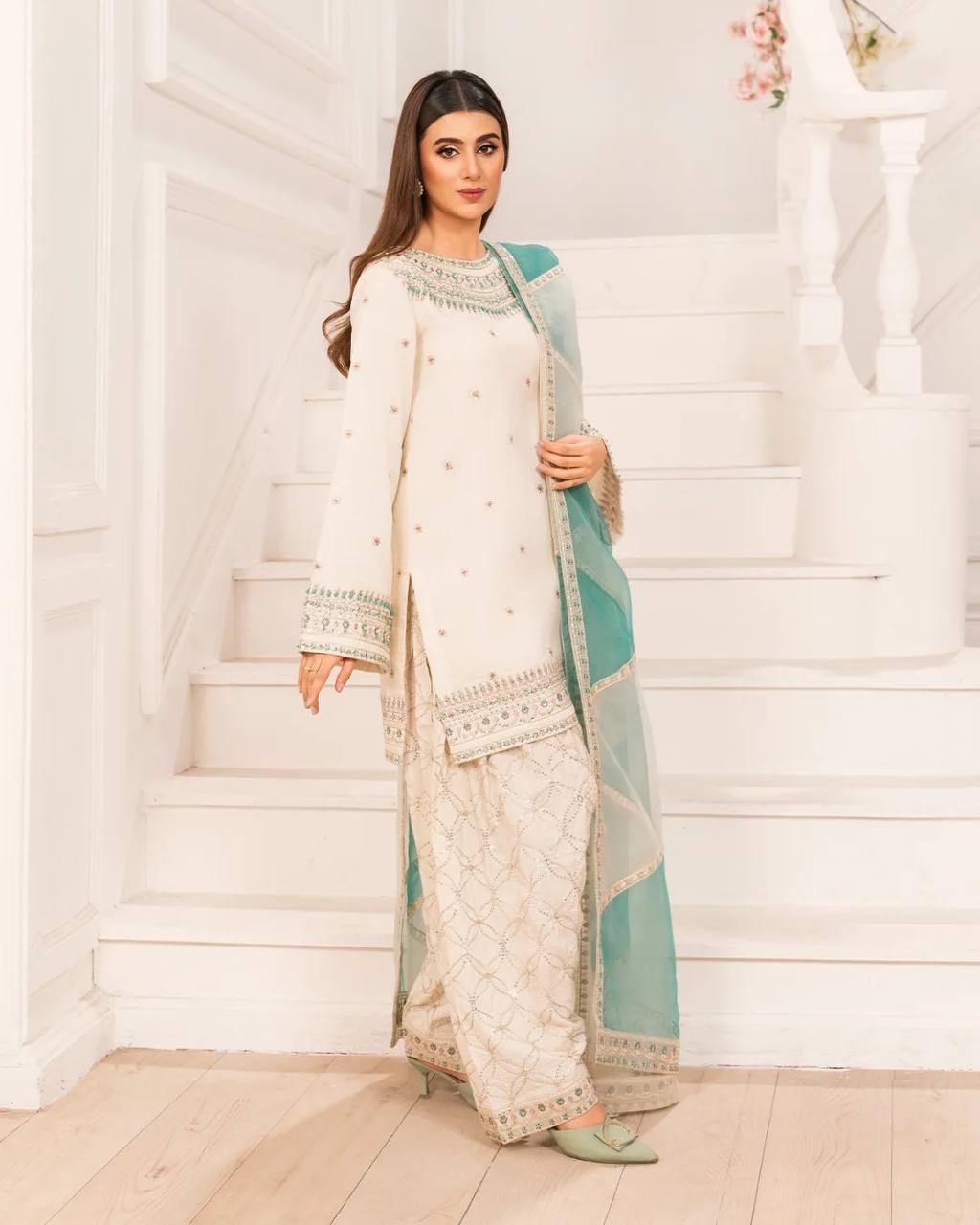 Naira Ivory Mint Embroidered Farshi Palazzo Suit