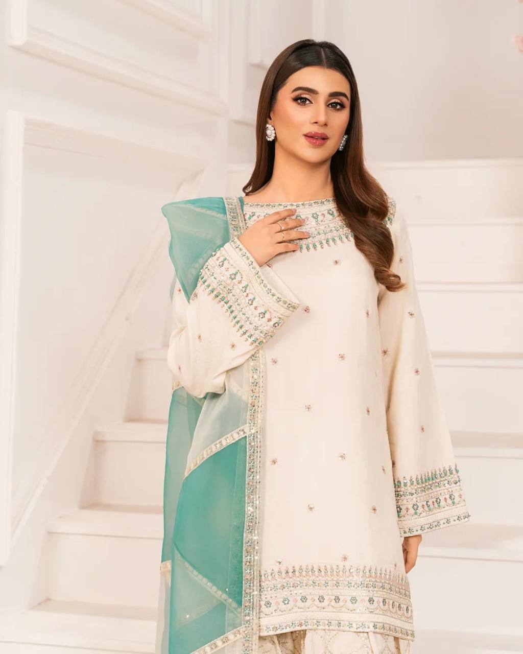 Naira Ivory Mint Embroidered Farshi Palazzo Suit
