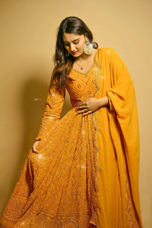 Sunlit Beautiful Mustard Mirror Magic Anarkali Suit Set