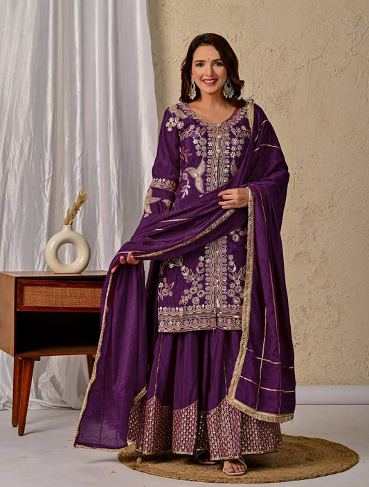 Raangmala Purple Chinnon Silk Embroidered Sharara Set