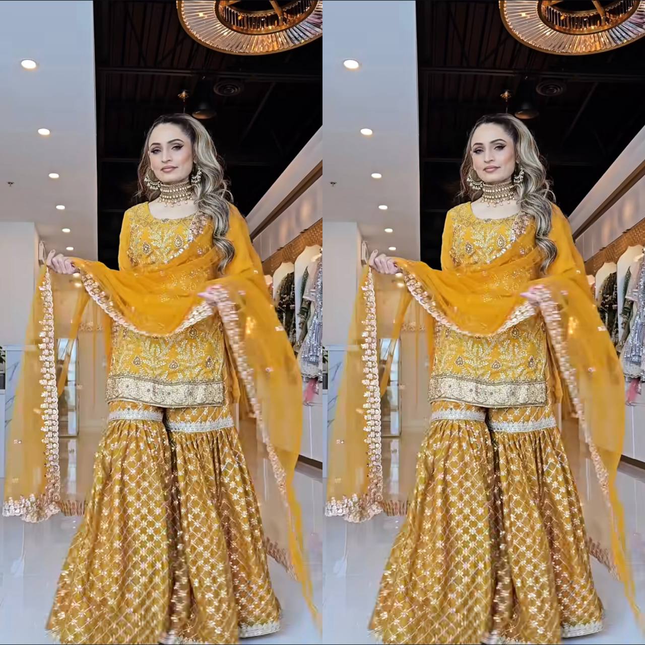 Zehra Mustard Yellow Heavy Embroidered Sharara Set
