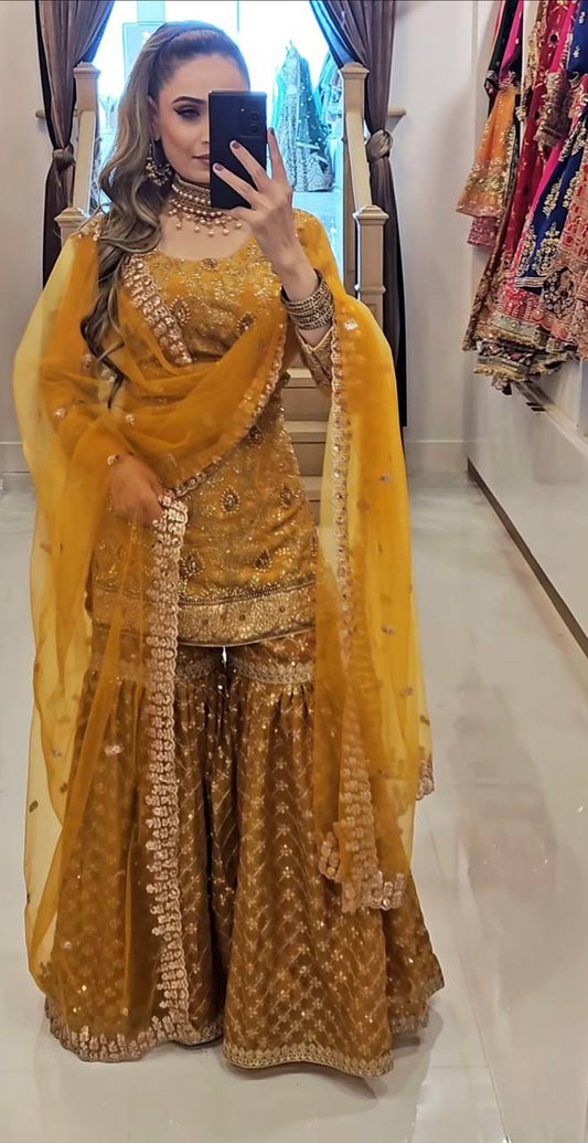 Zehra Mustard Yellow Heavy Embroidered Sharara Set
