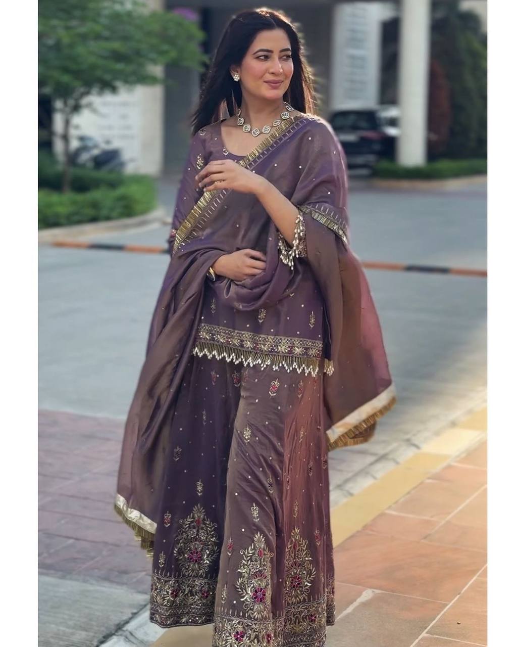 Georgette Purplish Kurti Bottom Worked Set With Dupatta