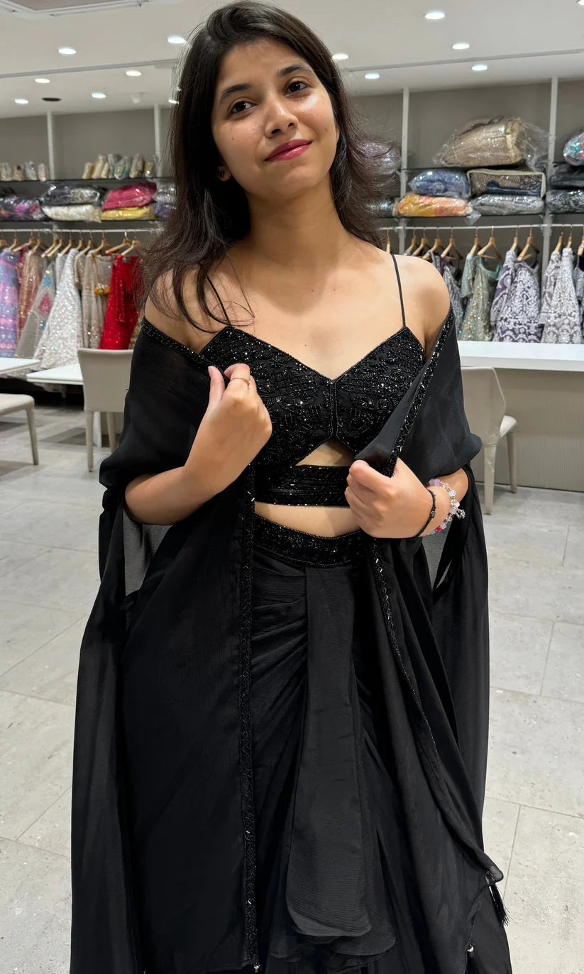 Glamorous Rust Black Designer 3 piece Indo western long dress, coat ,crop top, skirt