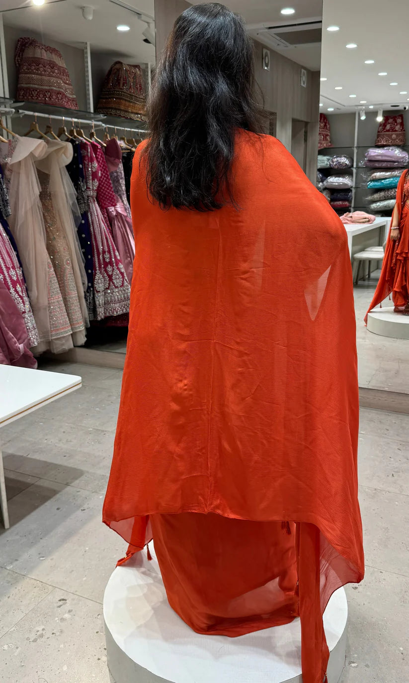 Fiery Orange Designer 3 piece Indo western long dress, coat ,crop top, skirt