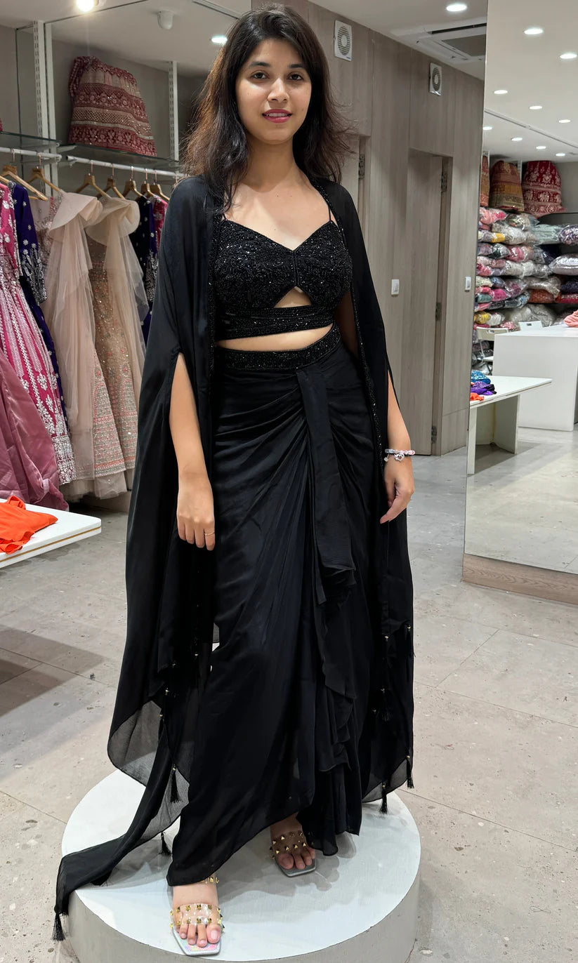 Glamorous Rust Black Designer 3 piece Indo western long dress, coat ,crop top, skirt