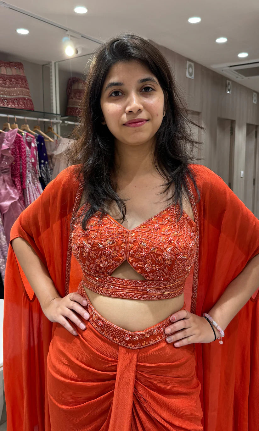 Fiery Orange Designer 3 piece Indo western long dress, coat ,crop top, skirt