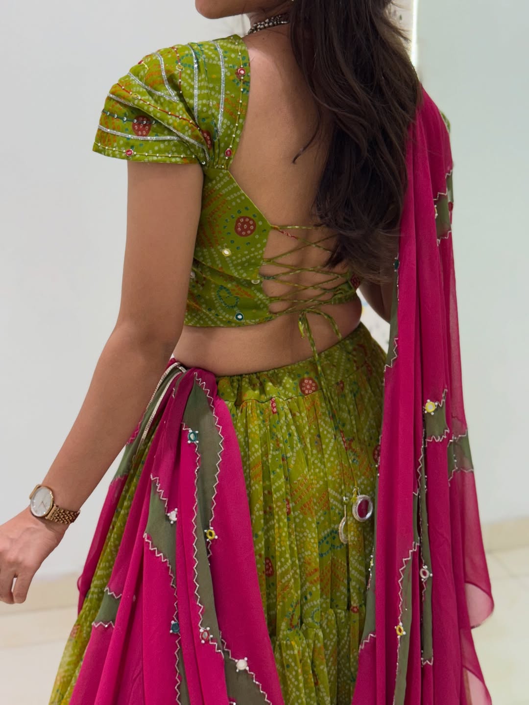 Bandhani Mehendi Green Garba Lehenga Choli