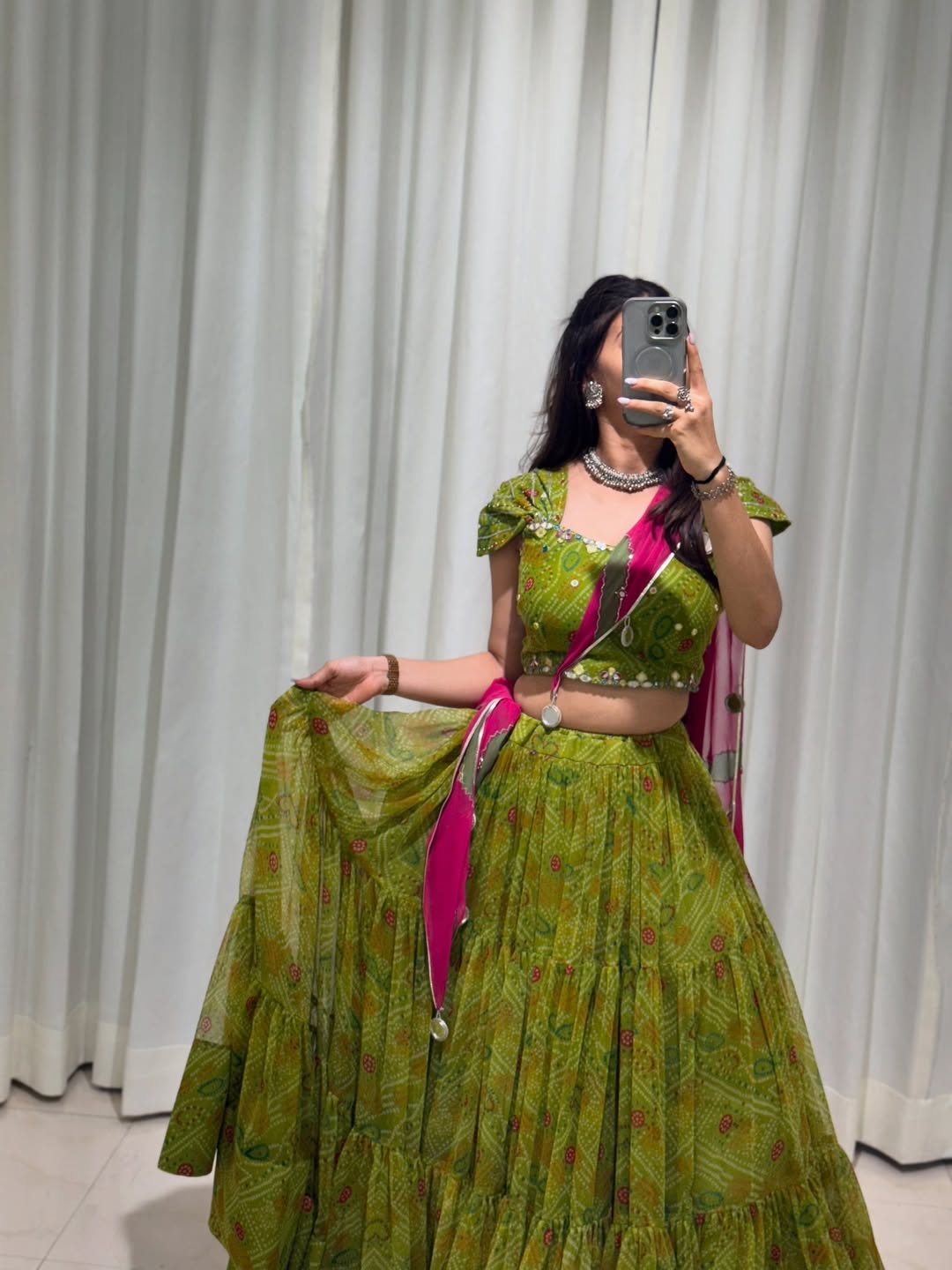 Bandhani Mehendi Green Garba Lehenga Choli