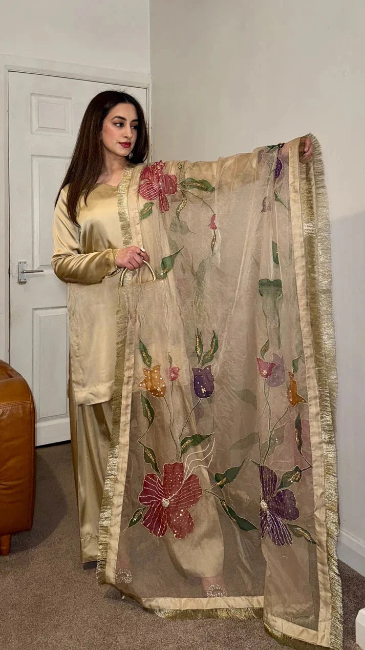 Shahi Sunehri Gold Designer Party Wear Look top with farshi plazzo Suit