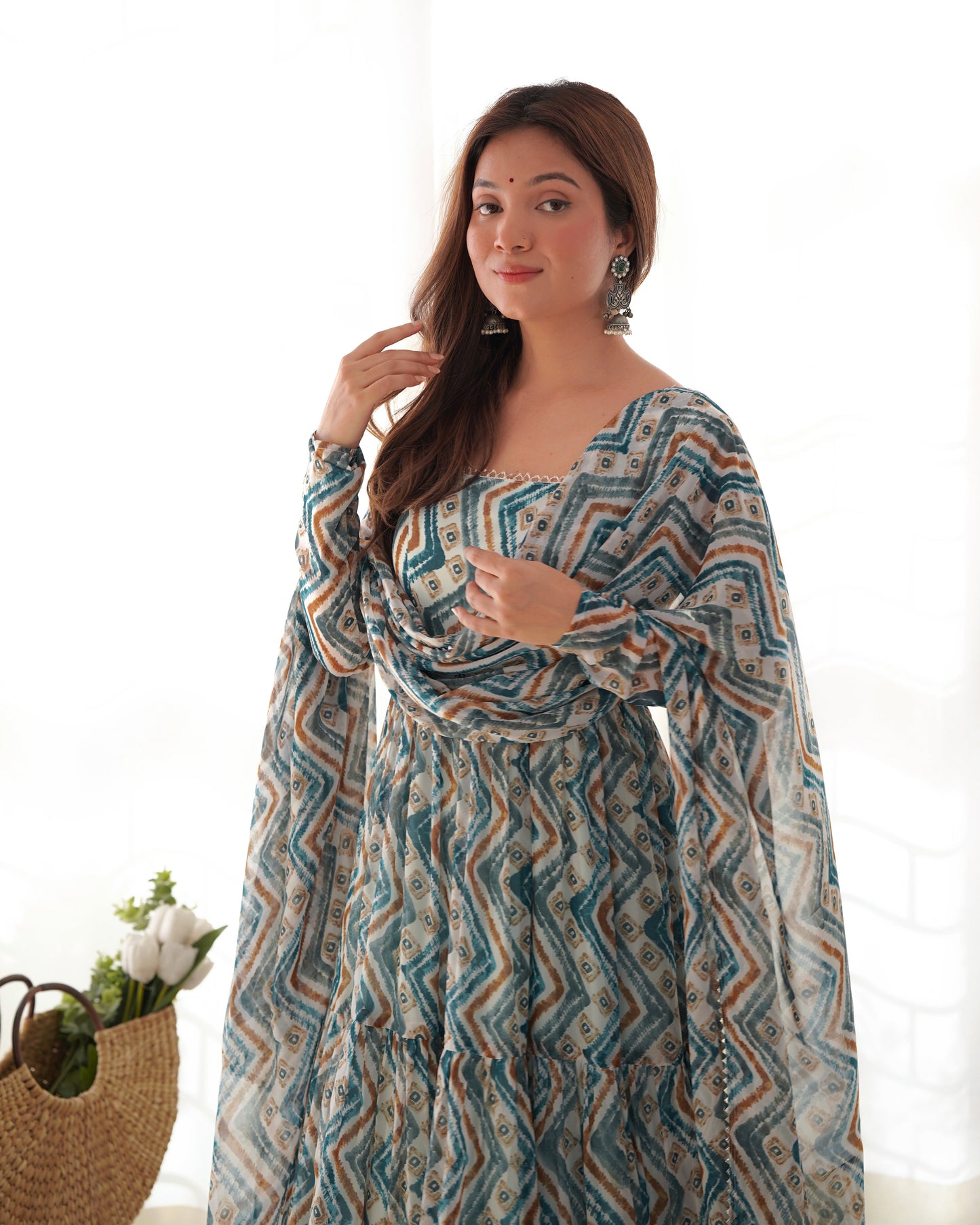 Bule Ethnic Printed Long Dress with Matching Dupatta NKB-41