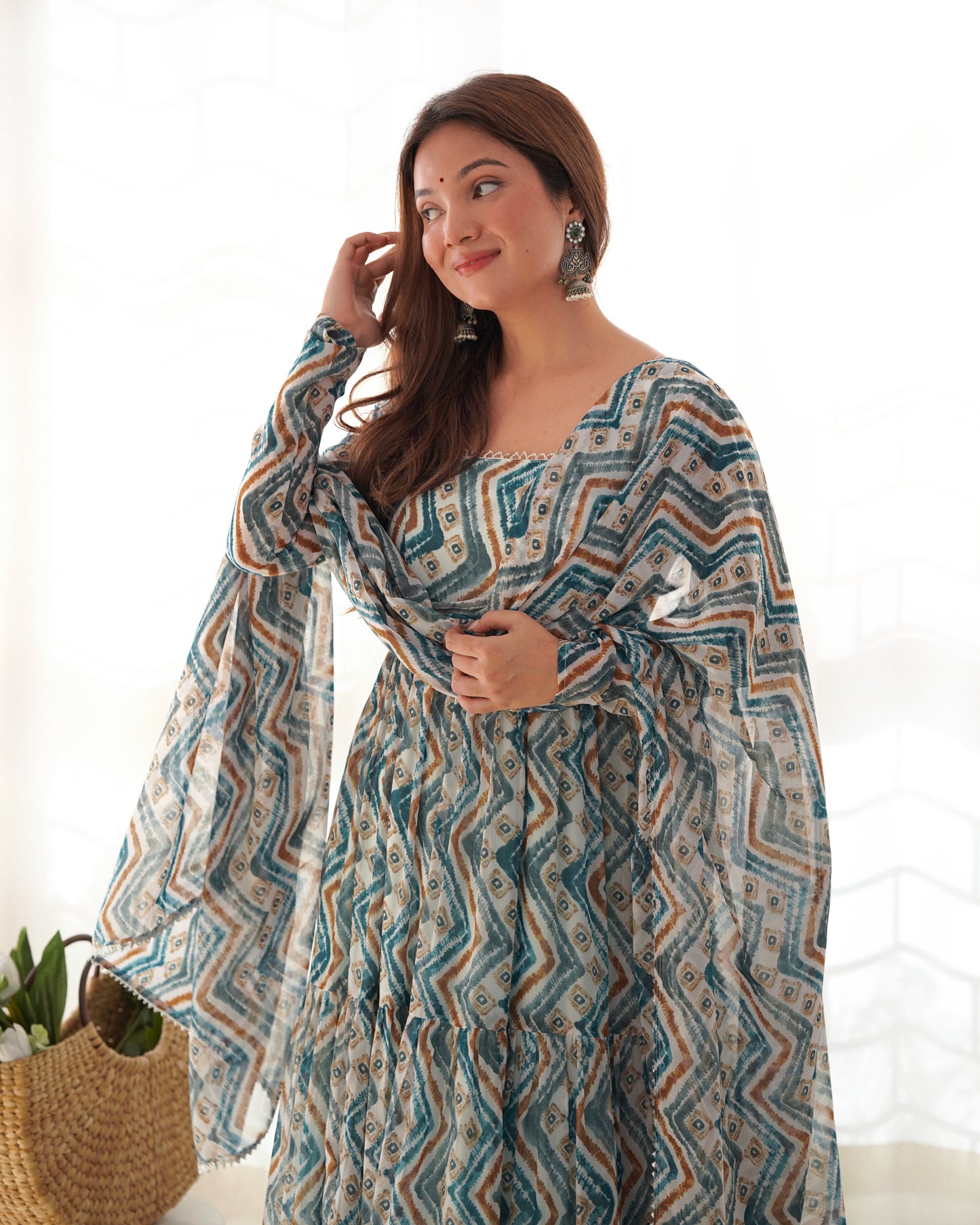 Bule Ethnic Printed Long Dress with Matching Dupatta NKB-41