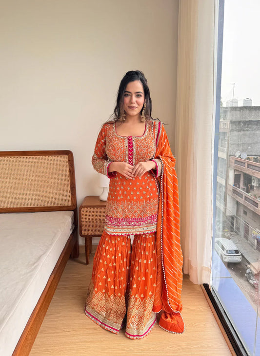 Molten Magic orange Embroidered Sharara Set with Dupatta