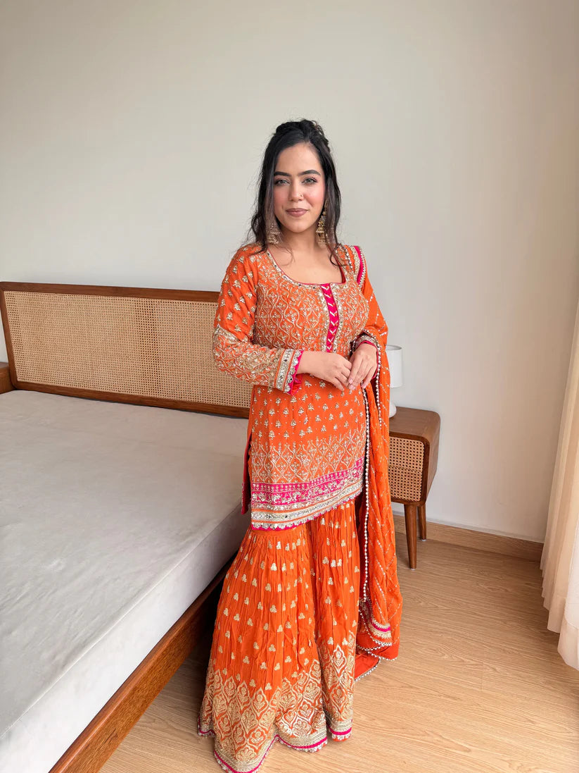 Molten Magic orange Embroidered Sharara Set with Dupatta