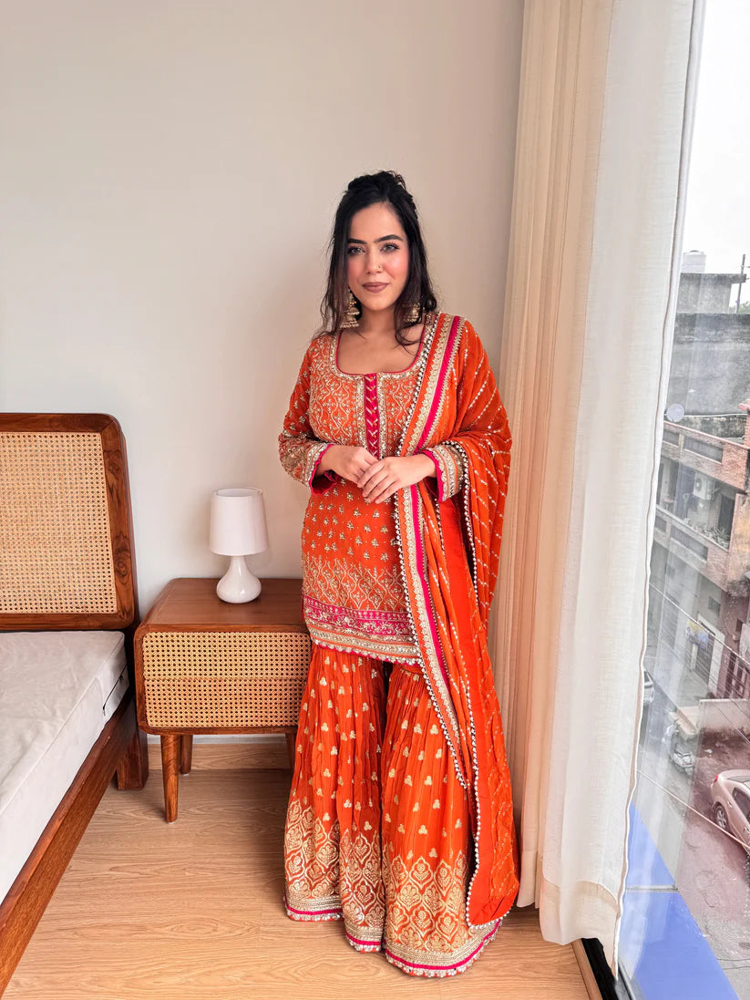 Molten Magic orange Embroidered Sharara Set with Dupatta