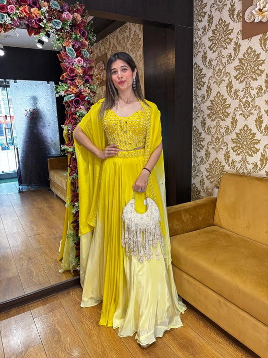 LUXE SKIRT CORSET BLOUSE WITH CAPE-YELLOW