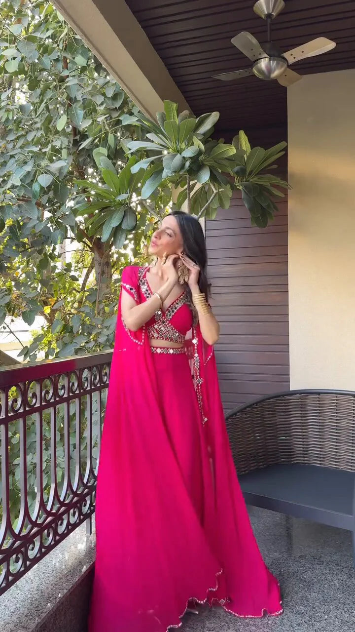 Citrus Pink Draped plazo & Mirror work Blouse with Cape