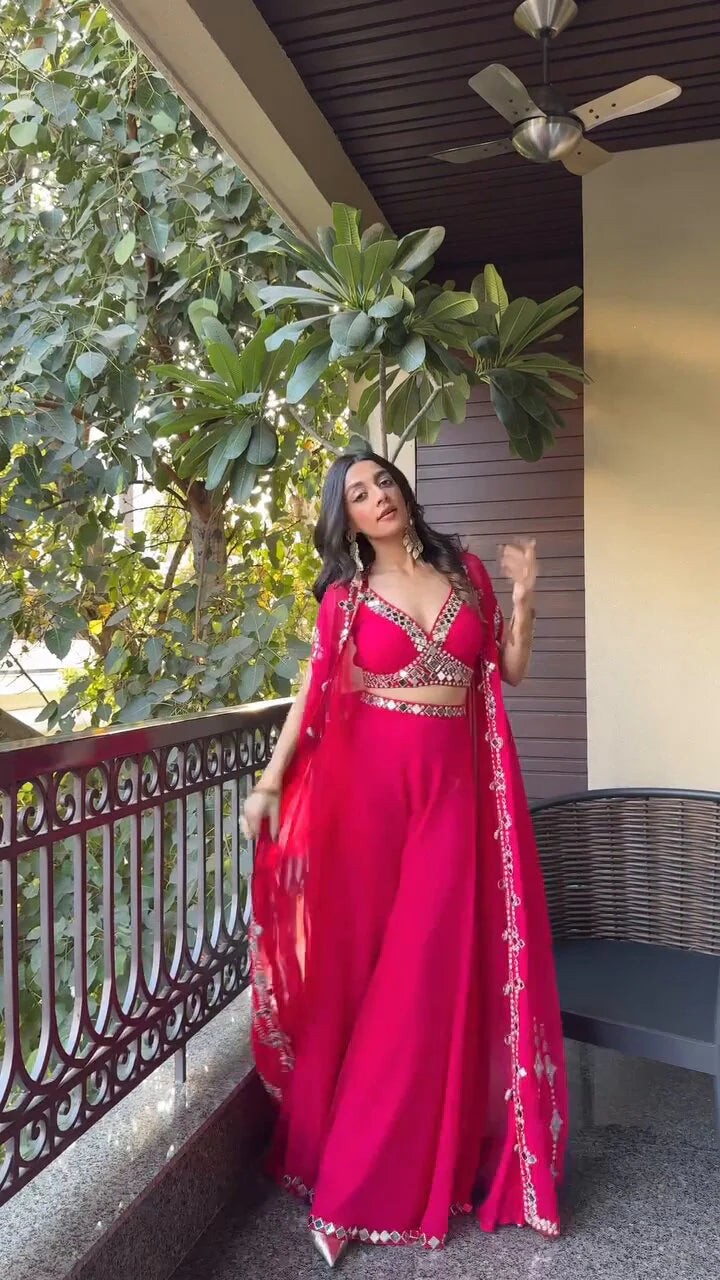 Citrus Pink Draped plazo & Mirror work Blouse with Cape