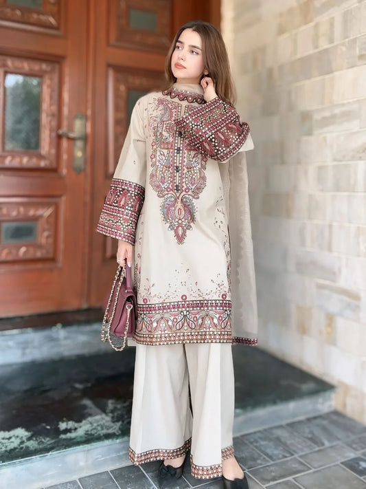 Miraan Ivory Mirror Embroidered Kurta Set with Palazzo & Dupatta