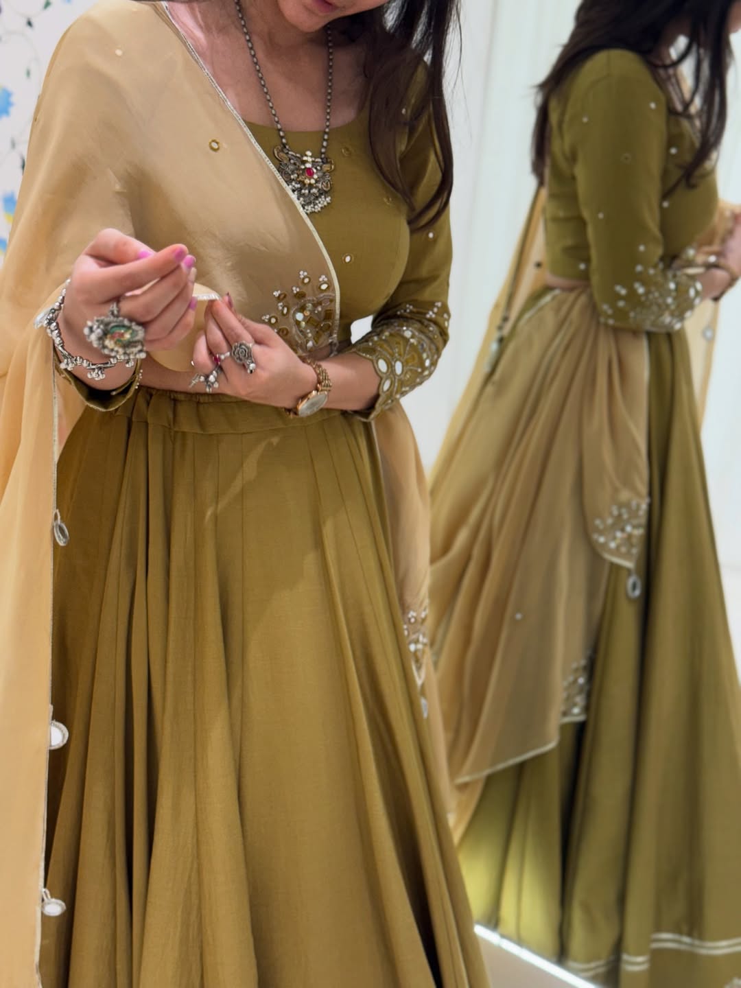 Golden Mustard Embellished Mirror Work Lehenga Choli