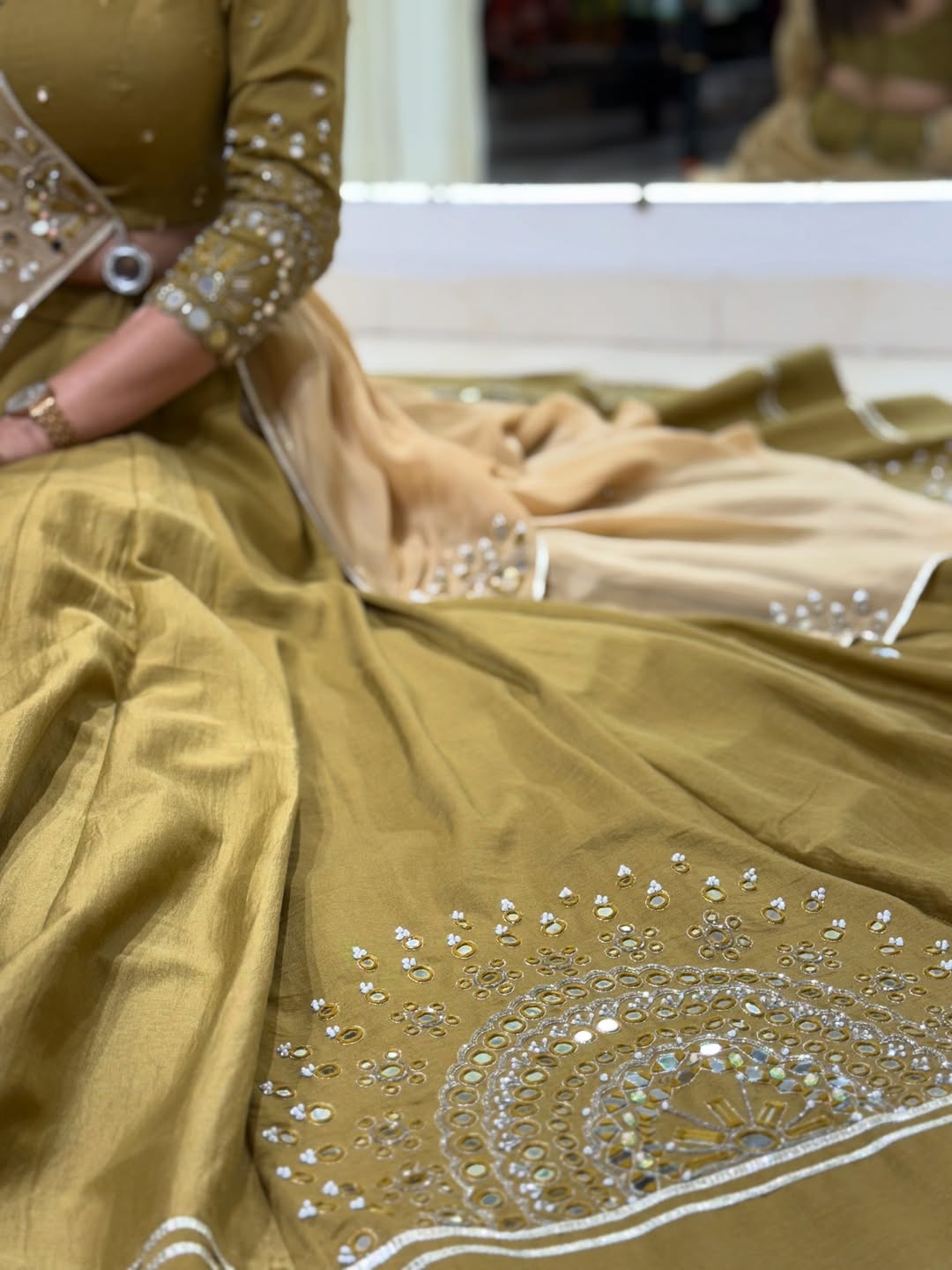 Golden Mustard Embellished Mirror Work Lehenga Choli