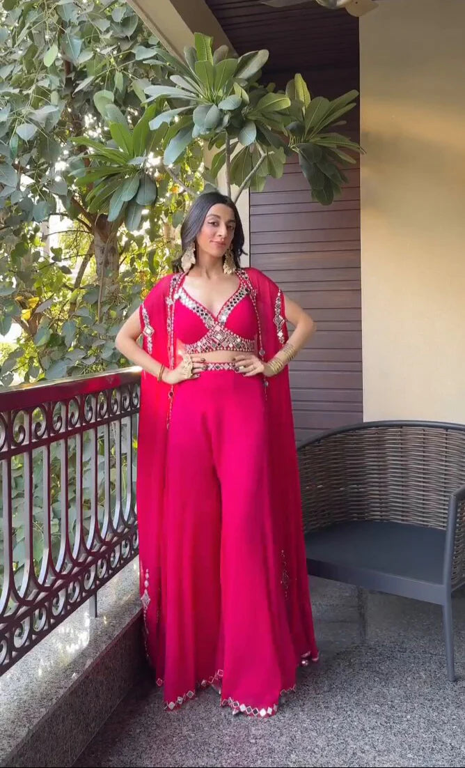 Citrus Pink Draped plazo & Mirror work Blouse with Cape