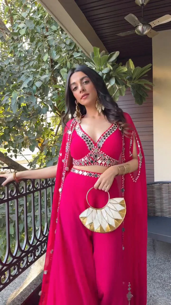 Citrus Pink Draped plazo & Mirror work Blouse with Cape