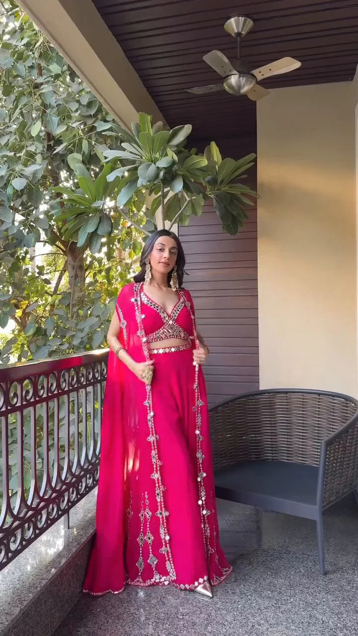 Citrus Pink Draped plazo & Mirror work Blouse with Cape