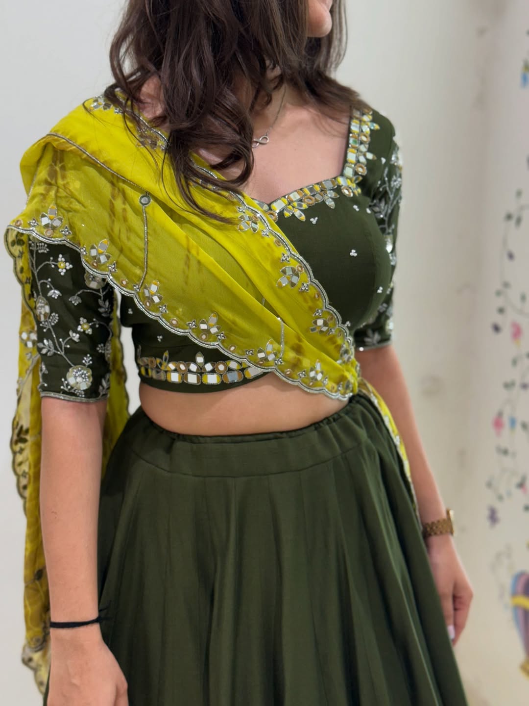 Olive Green Mirror Work Sunshine Garba Lehenga