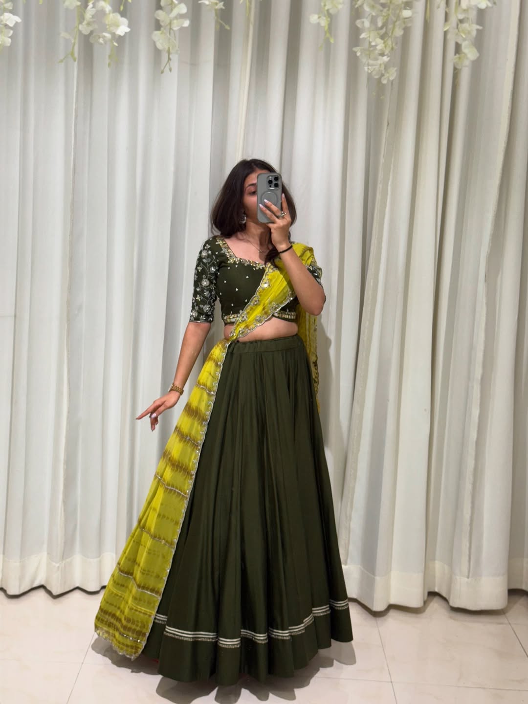 Olive Green Mirror Work Sunshine Garba Lehenga