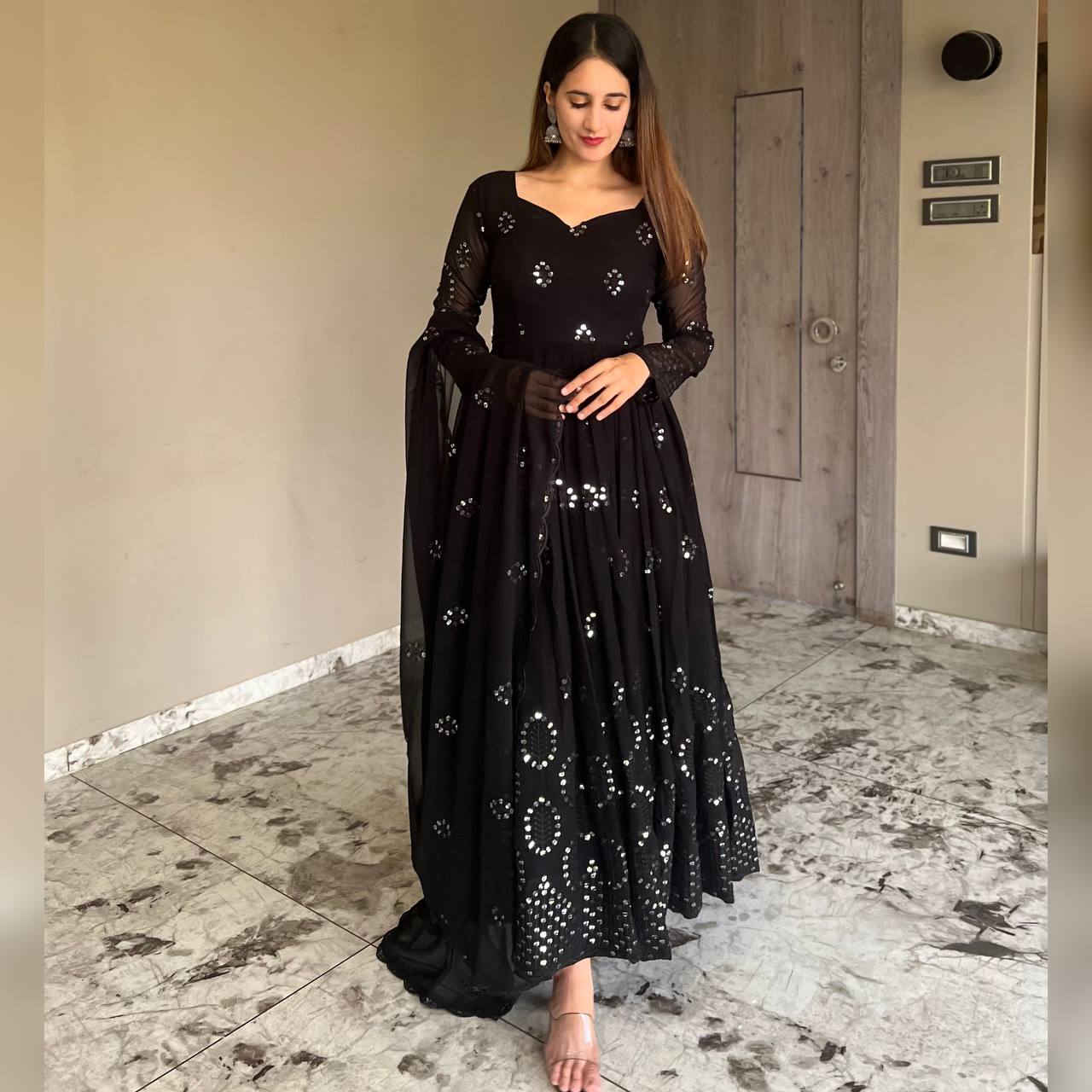 BlaCK EMBROIDERED GEORGETTE ANARKALI SUIT SET UC1150