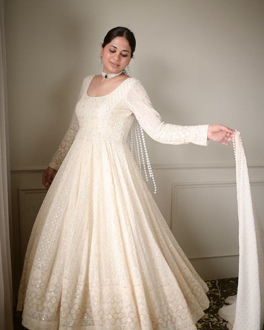 LAKHNAWI WHITE EMBROIDERED GEORGETTE ANARKALI SUIT SET