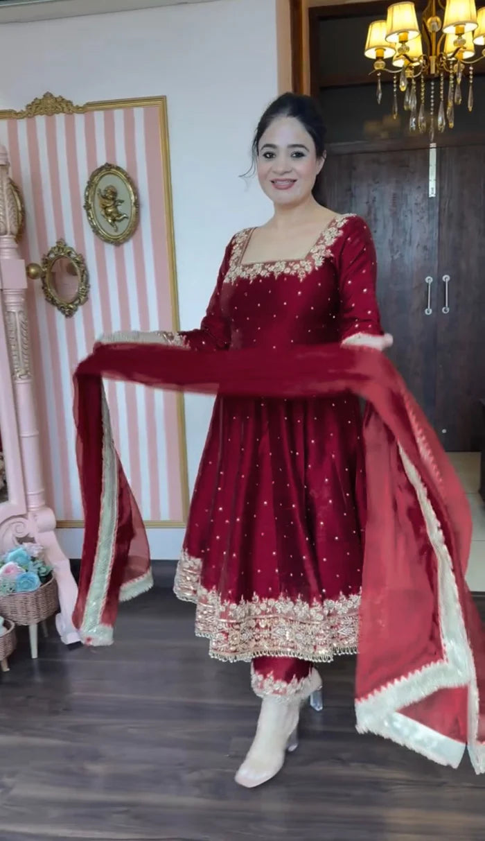 Saanvi in Gulzaar Maroon  Magic Royal Ruby Anarkali
