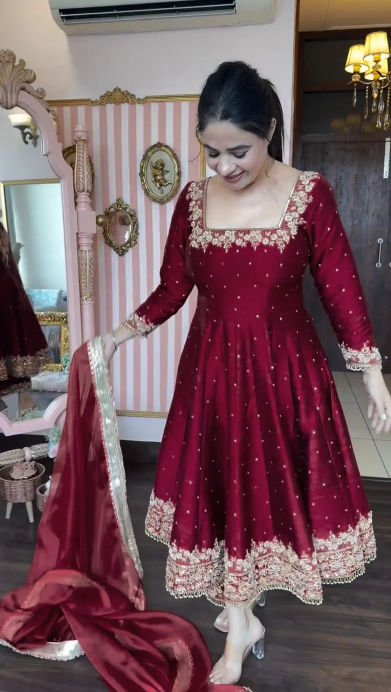 Saanvi in Gulzaar Maroon  Magic Royal Ruby Anarkali