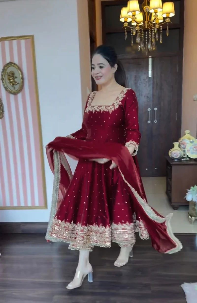 Saanvi in Gulzaar Maroon  Magic Royal Ruby Anarkali