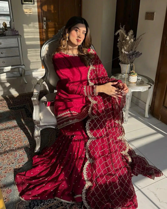 Rich Maroon Sharara Set With Embroidered  Dupatta
