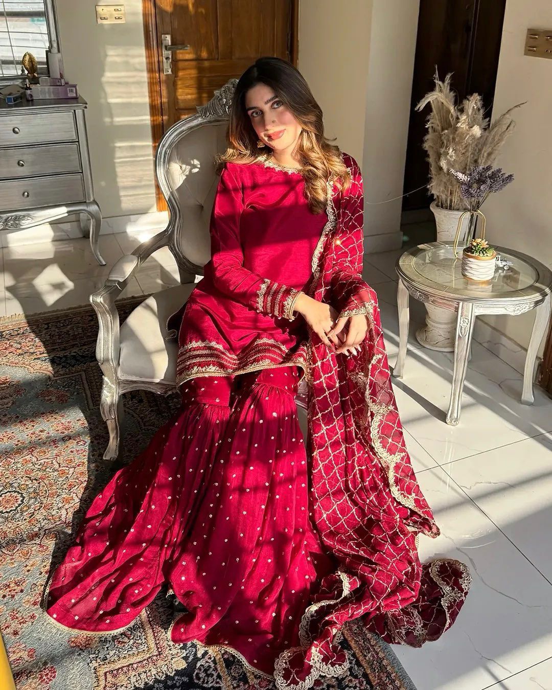 Rich Maroon Sharara Set With Embroidered Dupatta