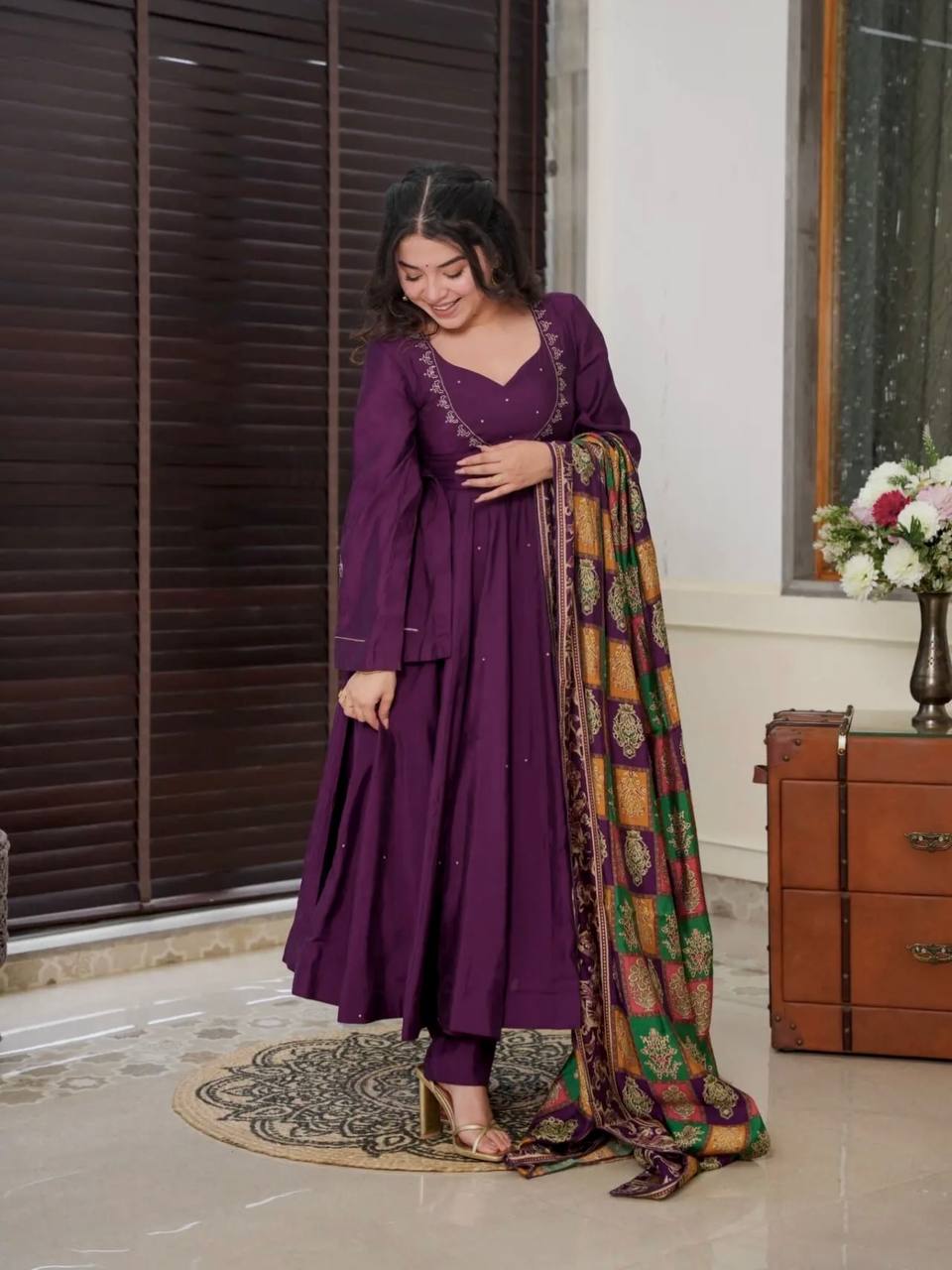 fuchsia embroidered suit set