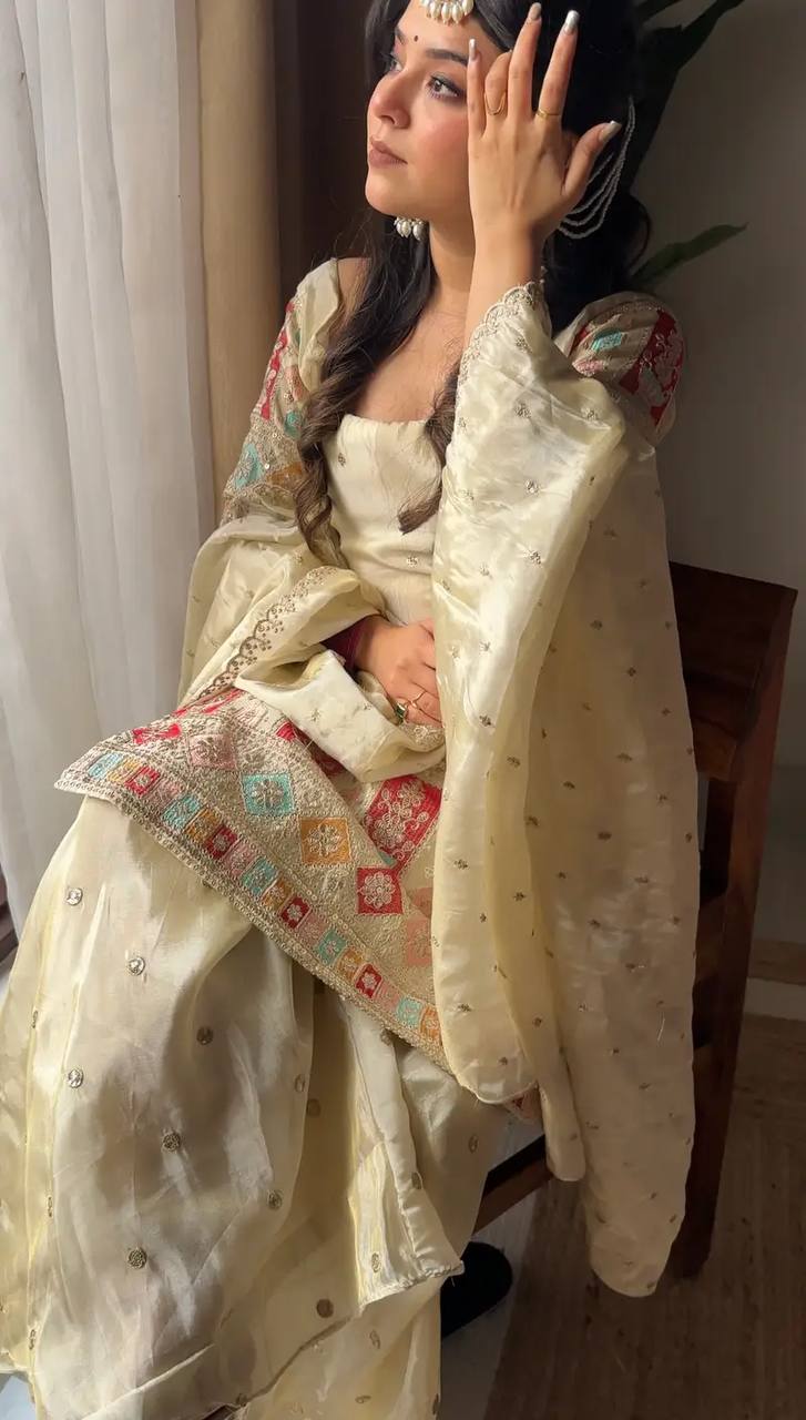 Tissue Heavy Work Off White Sharara Set