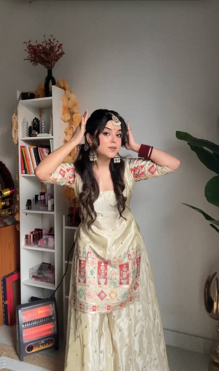 Tissue Heavy Work Off White Sharara Set