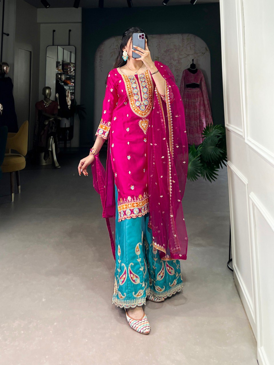 Fuchsia Kurta Set with Intricate Embroidery and Turquoise Palazzo