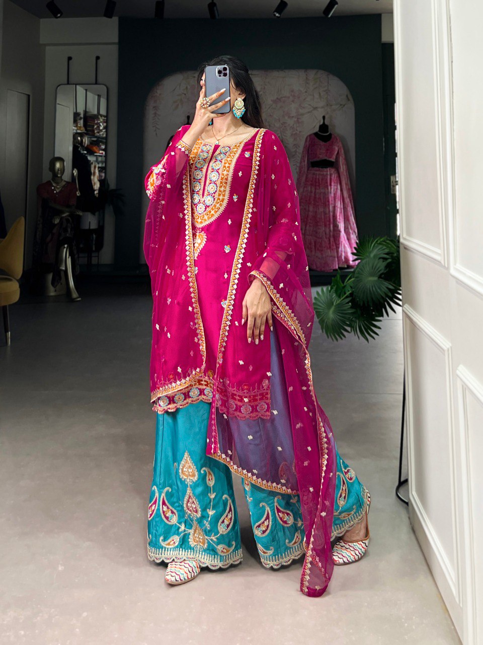 Fuchsia Kurta Set with Intricate Embroidery and Turquoise Palazzo