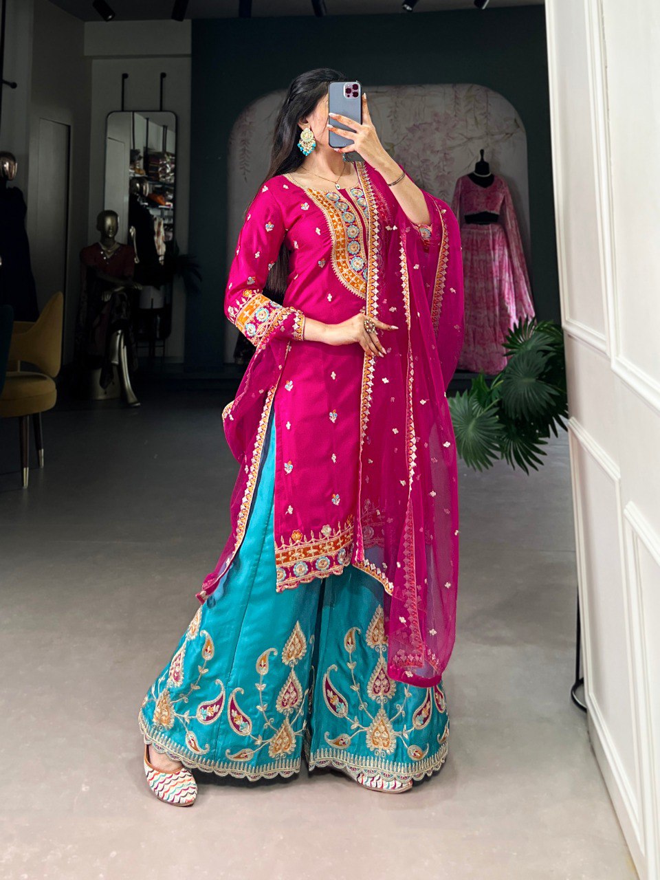 Fuchsia Kurta Set with Intricate Embroidery and Turquoise Palazzo