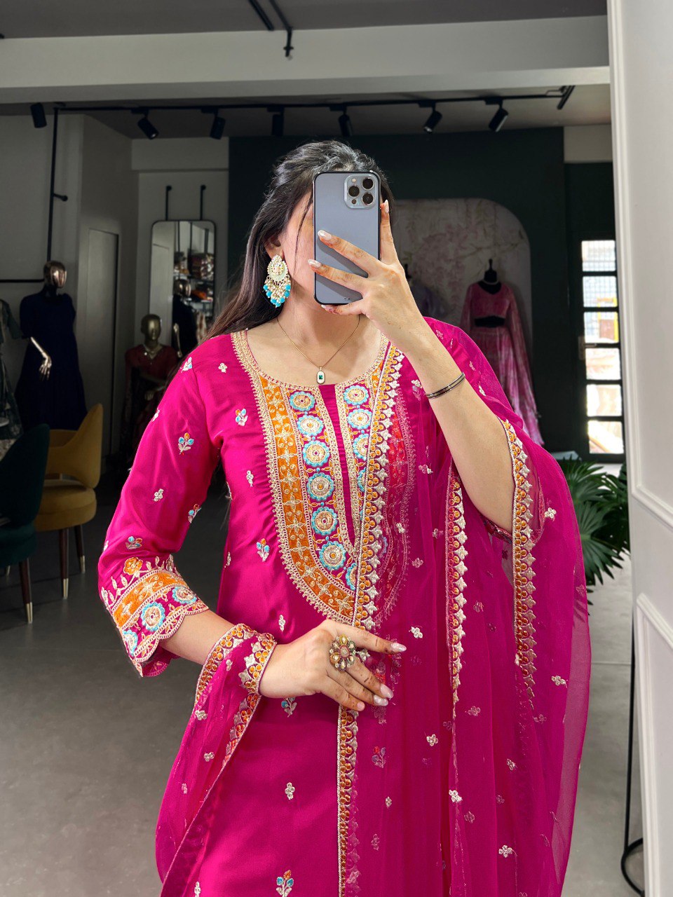 Fuchsia Kurta Set with Intricate Embroidery and Turquoise Palazzo
