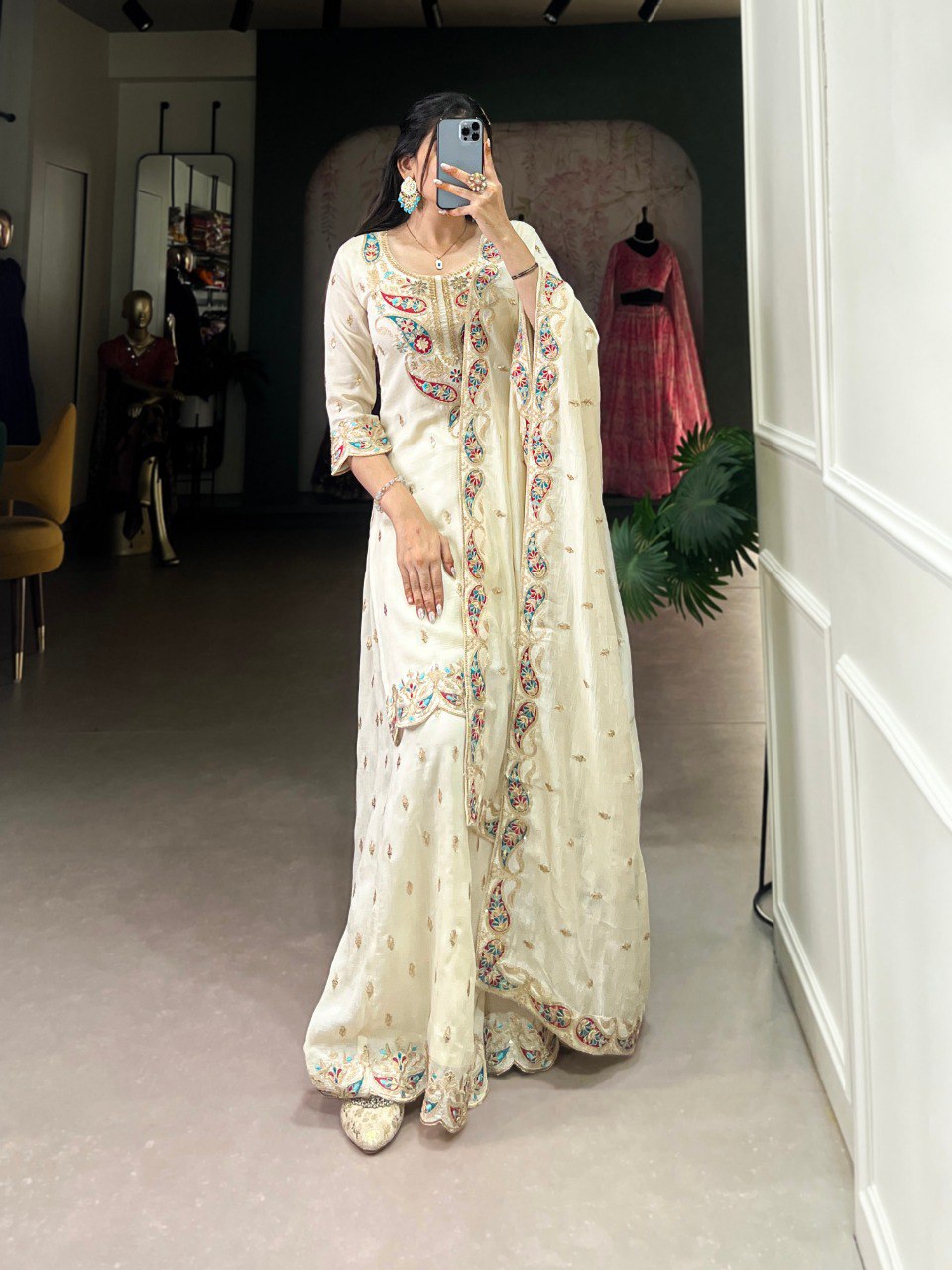 Graceful Ivory Embroidered Anarkali with Flowing Dupatta