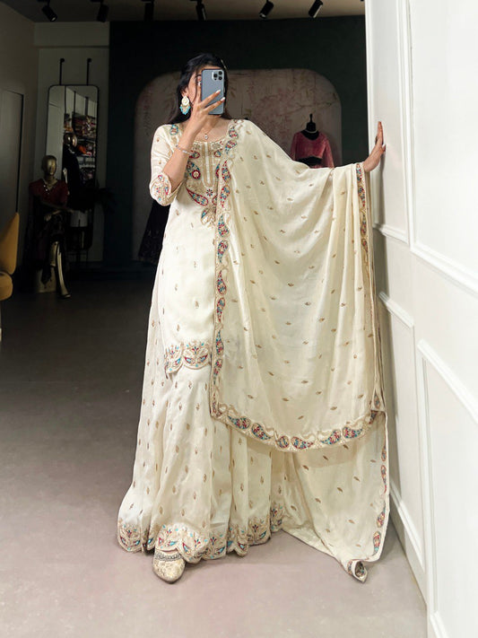 Graceful Ivory Embroidered Anarkali with Flowing Dupatta