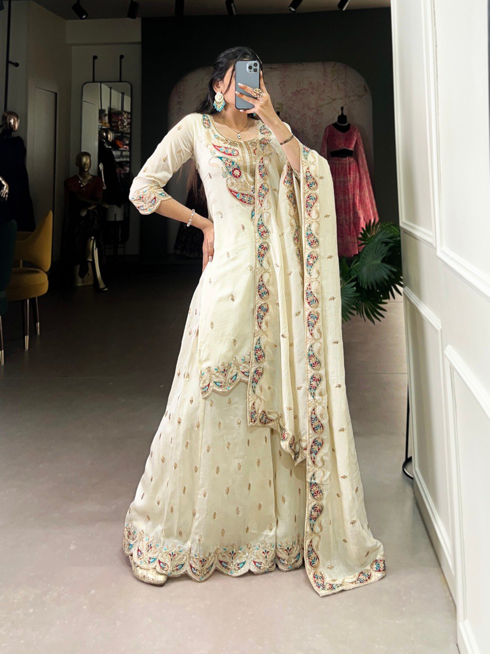 Graceful Ivory Embroidered Anarkali with Flowing Dupatta