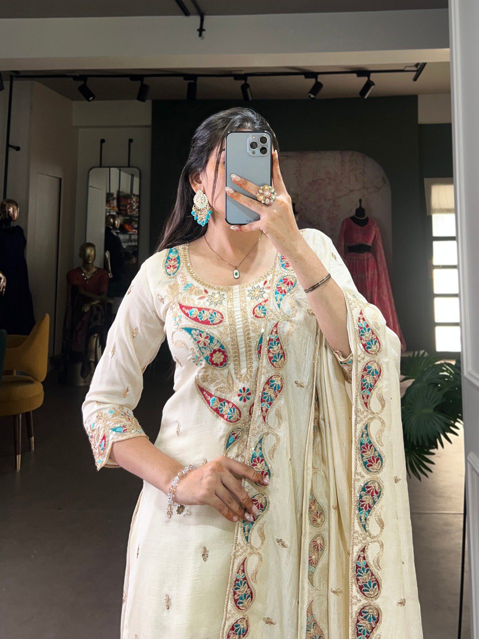 Graceful Ivory Embroidered Anarkali with Flowing Dupatta
