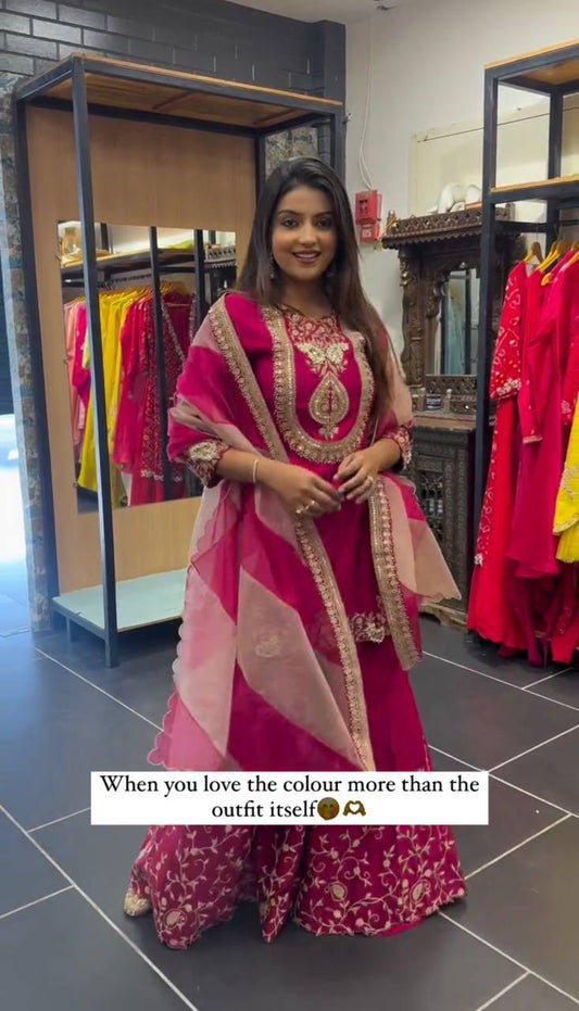 Rosรฉ Reverie Heavy Faux Georgette Embroidered Top & Plazzo Set with Lace Dupatta